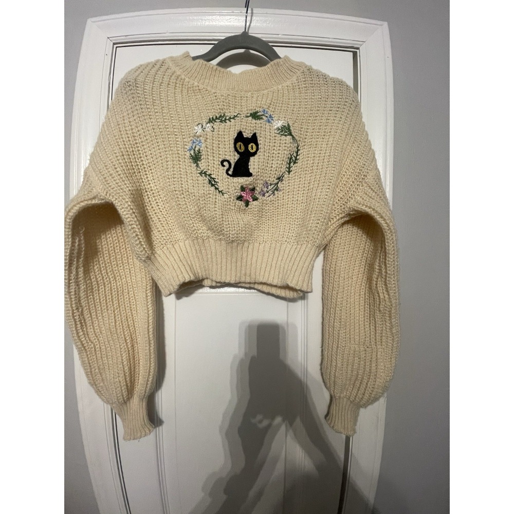 Cutest Womens XS Cream Knit Crewneck Pullover Sweater Embroidered Black Cat